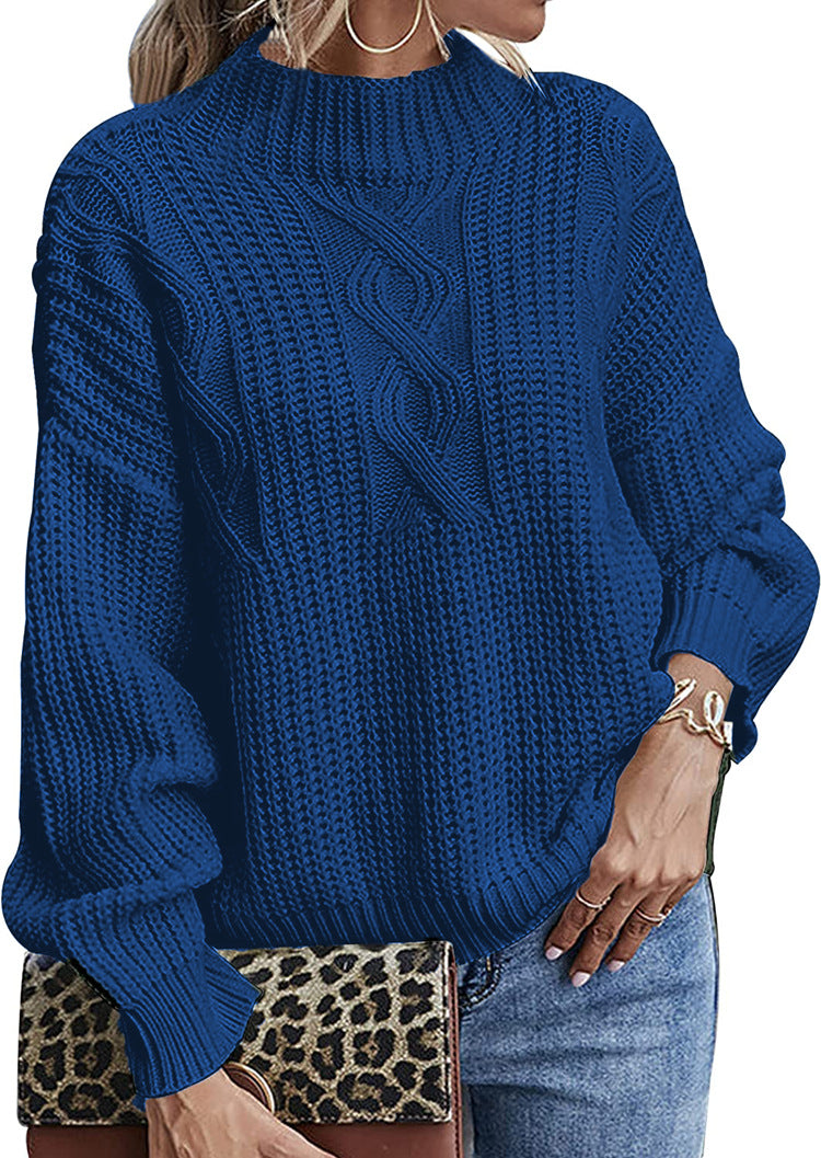 Damen Grobstrickpullover mit hohem Kragen und dekorativem Zopfmuster Fudus