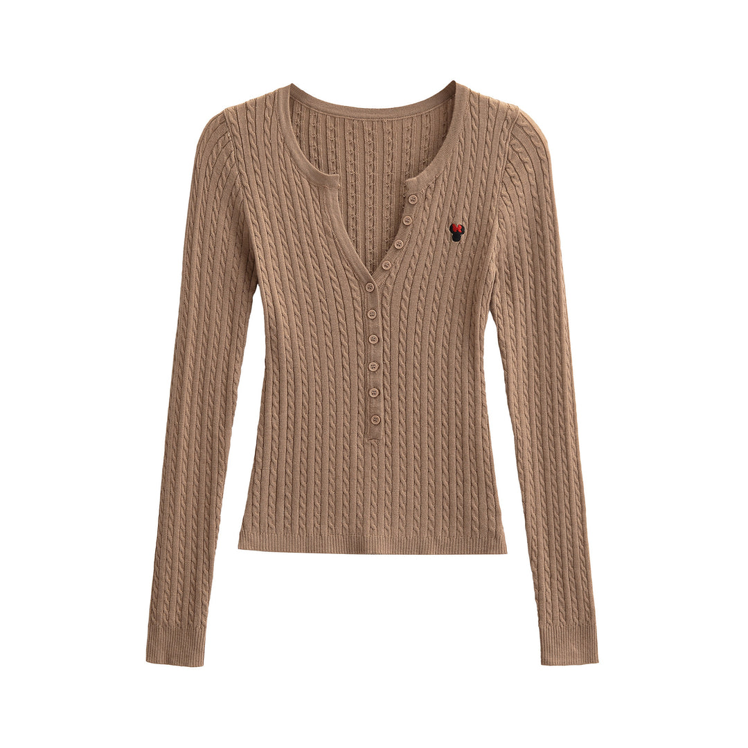 Damen Langarm Strickoberteil mit Knopfleiste und feinem Rippmuster Fudus