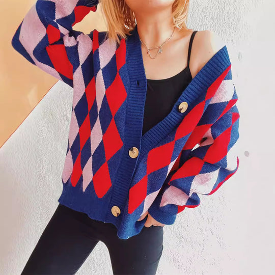 Damen lässige Strickjacke im Rauten-Muster mit goldenen Knöpfen Fudus