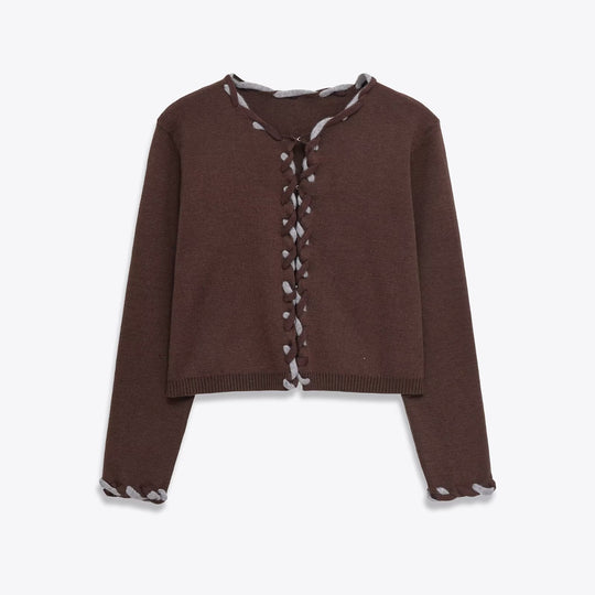 Damen kurzärmelige Strickjacke mit Bindebändern Fudus