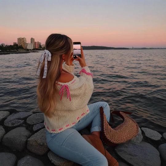 Damen Grobstrickpullover mit verspielten Schleifendetails Fudus