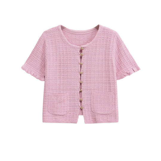 Damen kurzärmeliges Strickoberteil mit Rüschendetails und praktischen Taschen Fudus