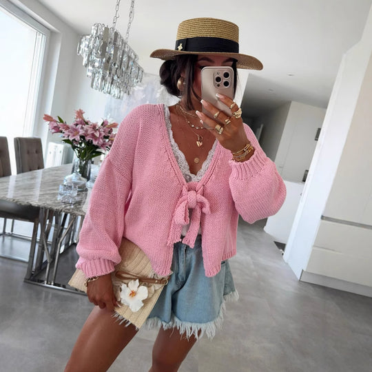 Damen lässige Strickjacke mit Bindeverschluss und weiten Ärmeln Fudus