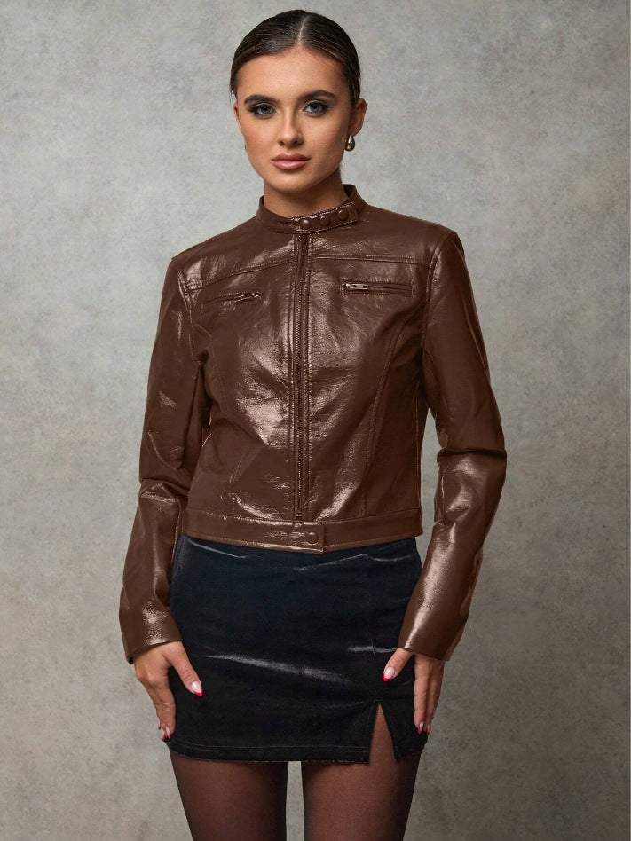 Damen Kurze Kunstlederjacke mit asymmetrischem Schnitt Fudus