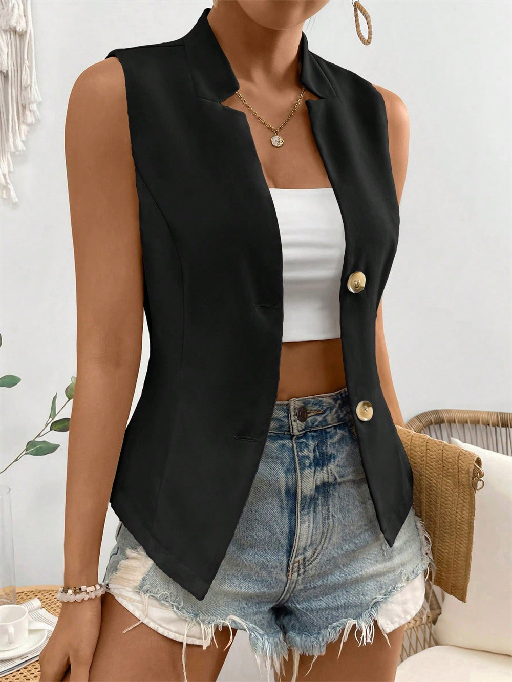 Damen Ärmelloses Blazer Top Mit Knöpfen Für Stil