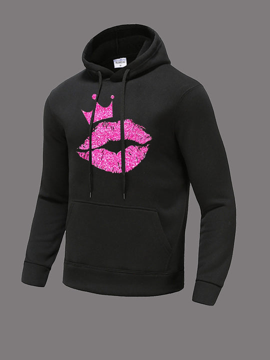 Damen Kapuzensweatshirt mit auffälligem Lippenmotiv und Krone Fudus