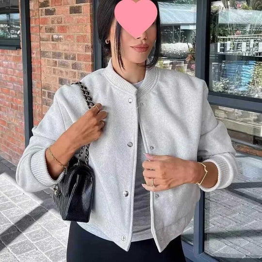 Damen lässige Bomberjacke mit Druckknopfverschluss und weichen Taschen Fudus