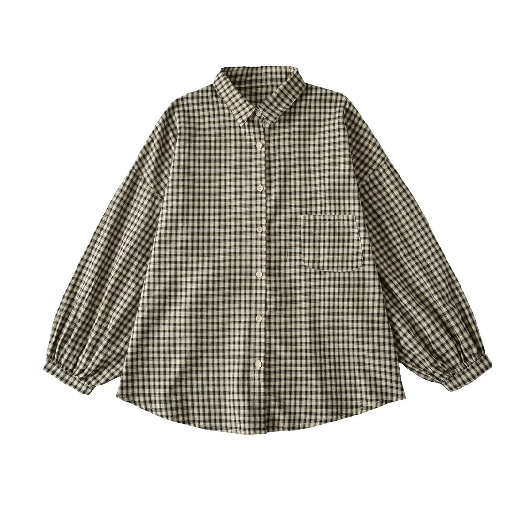 Damen Lässige Karobluse mit überschnittenen Schultern und großen Knöpfen Fudus