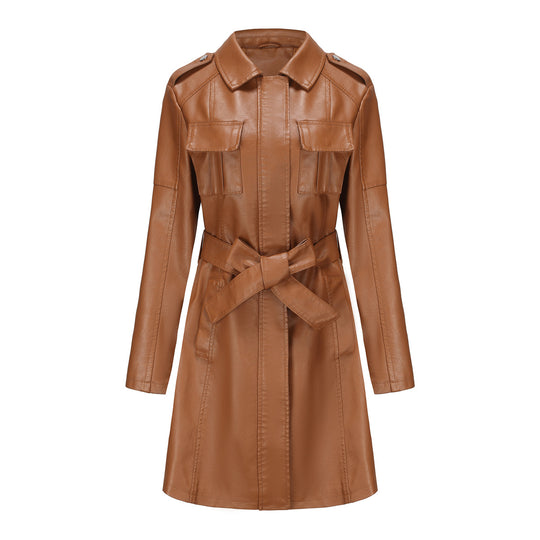 Damen modischer Leder-Trenchcoat Fudus