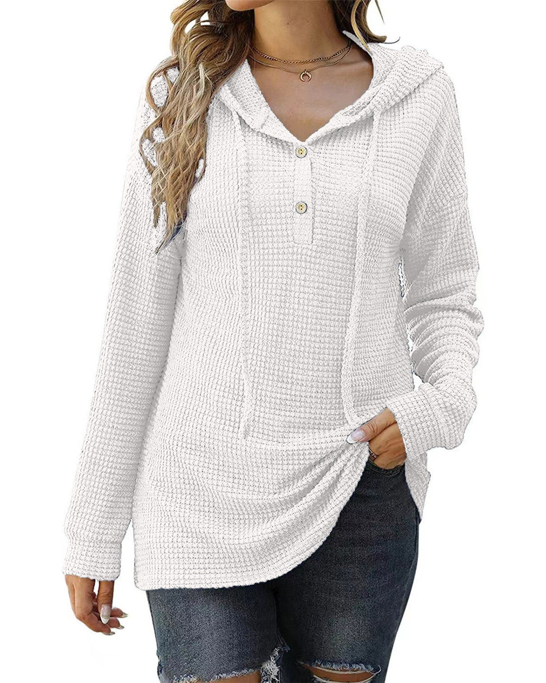 Damen Hüftlanges Wabenmuster-Hoodie mit Knopfdetail Fudus