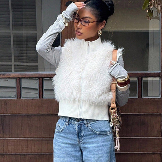 Damen kuschelige Strickweste mit luxuriösem Kunstfell Fudus