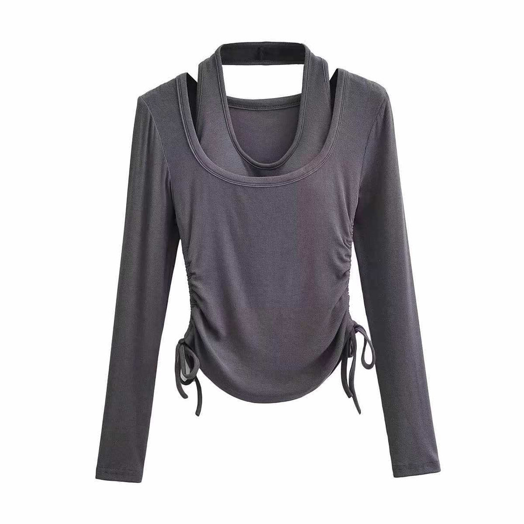 Damen langärmeliges Oberteil mit dekorativem Knoten Fudus