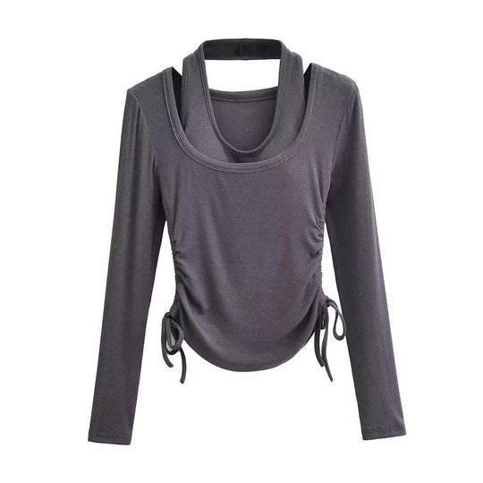 Damen langärmeliges Oberteil mit dekorativem Knoten Fudus