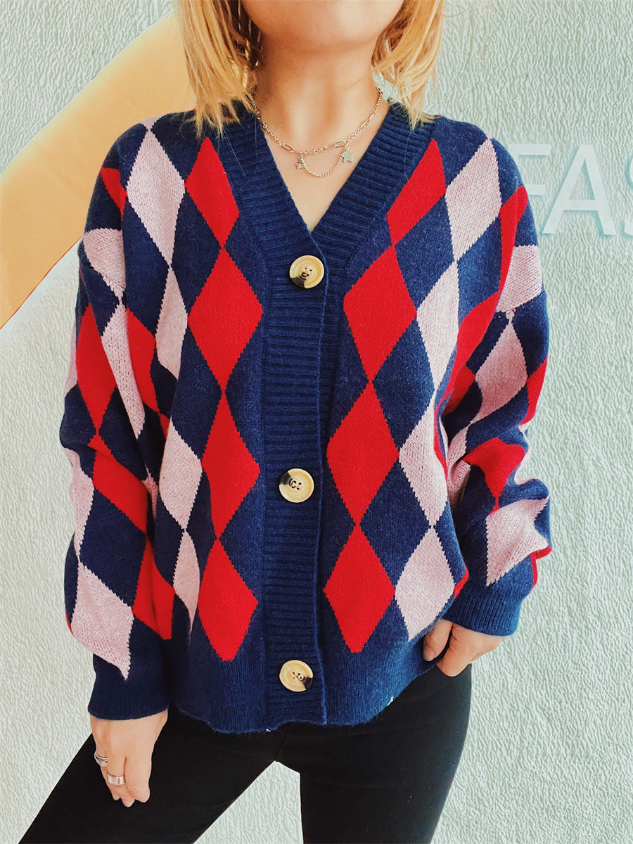 Damen lässige Strickjacke im Rauten-Muster mit goldenen Knöpfen Fudus