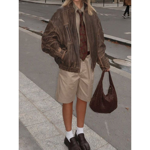 Damen Lässige Lederjacke im Vintage-Stil mit elastischem Bund Fudus