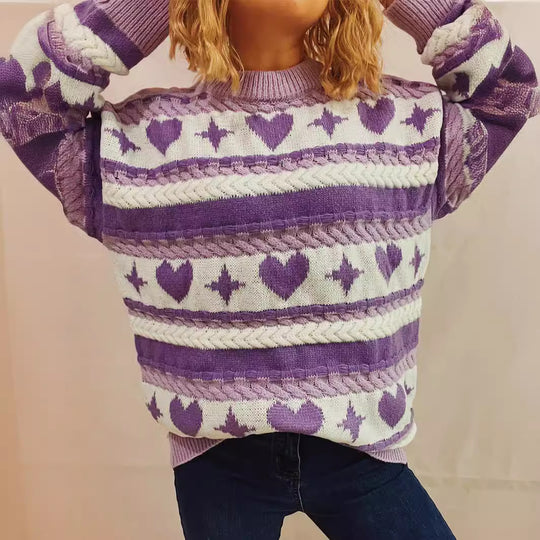 Damen Grobstrickpullover mit verspieltem Herzmuster und Zopfdetails Fudus