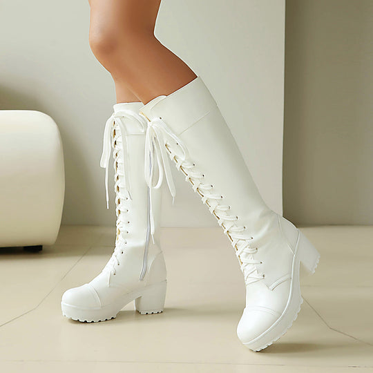 Damen hohe Schnürstiefel mit robustem Blockabsatz Fudus