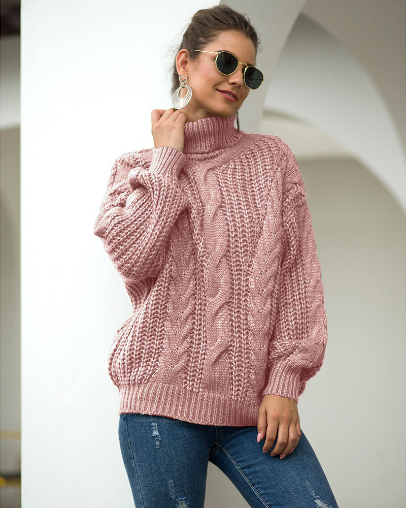 Damen Grobstrick Pullover mit hohem Kragen und strukturiertem Zopfmuster Fudus