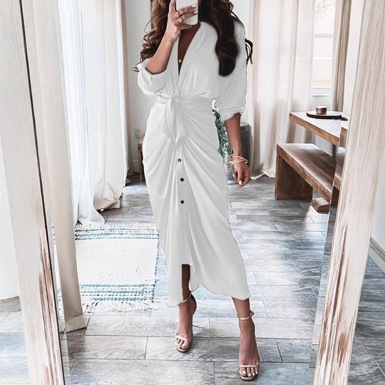 Damen Kleid mit Wickeloptik und Knopfdetails Fudus