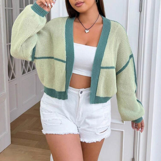 Damen Grobstrick Cardigan mit lässigem Schnitt und auffälligen Kontraststreifen Fudus