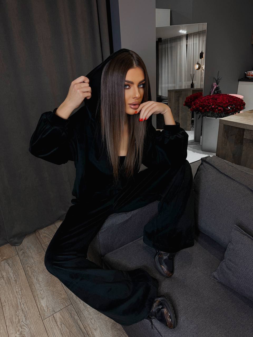 Damen kuscheliges Velours-Loungewear-Set mit weitem Schnitt Fudus