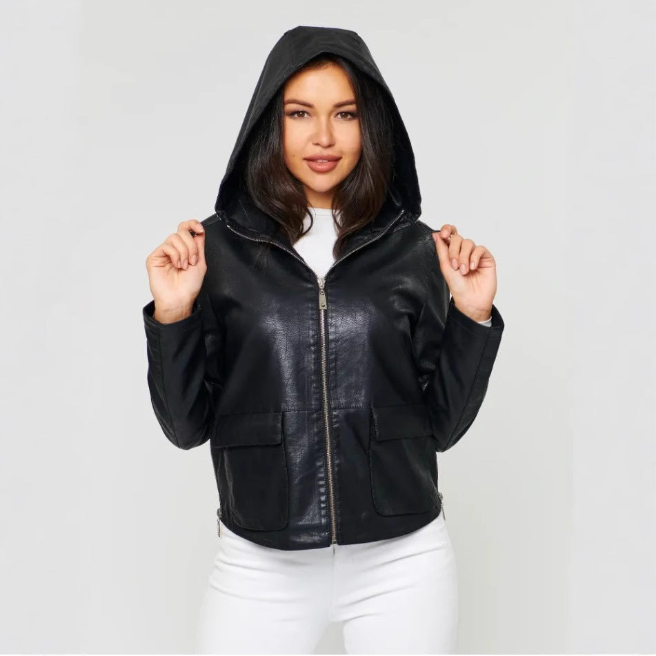 Damen Kunstlederjacke mit angeschnittenem Hoodie und praktischen Taschen Fudus