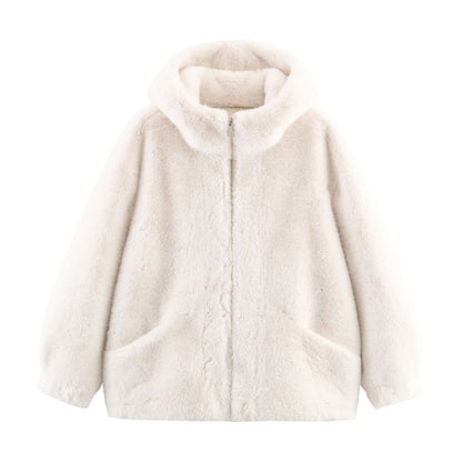 Damen Jacke Kunstpelz Weich Luxuriös Kapuze Praktische Taschen