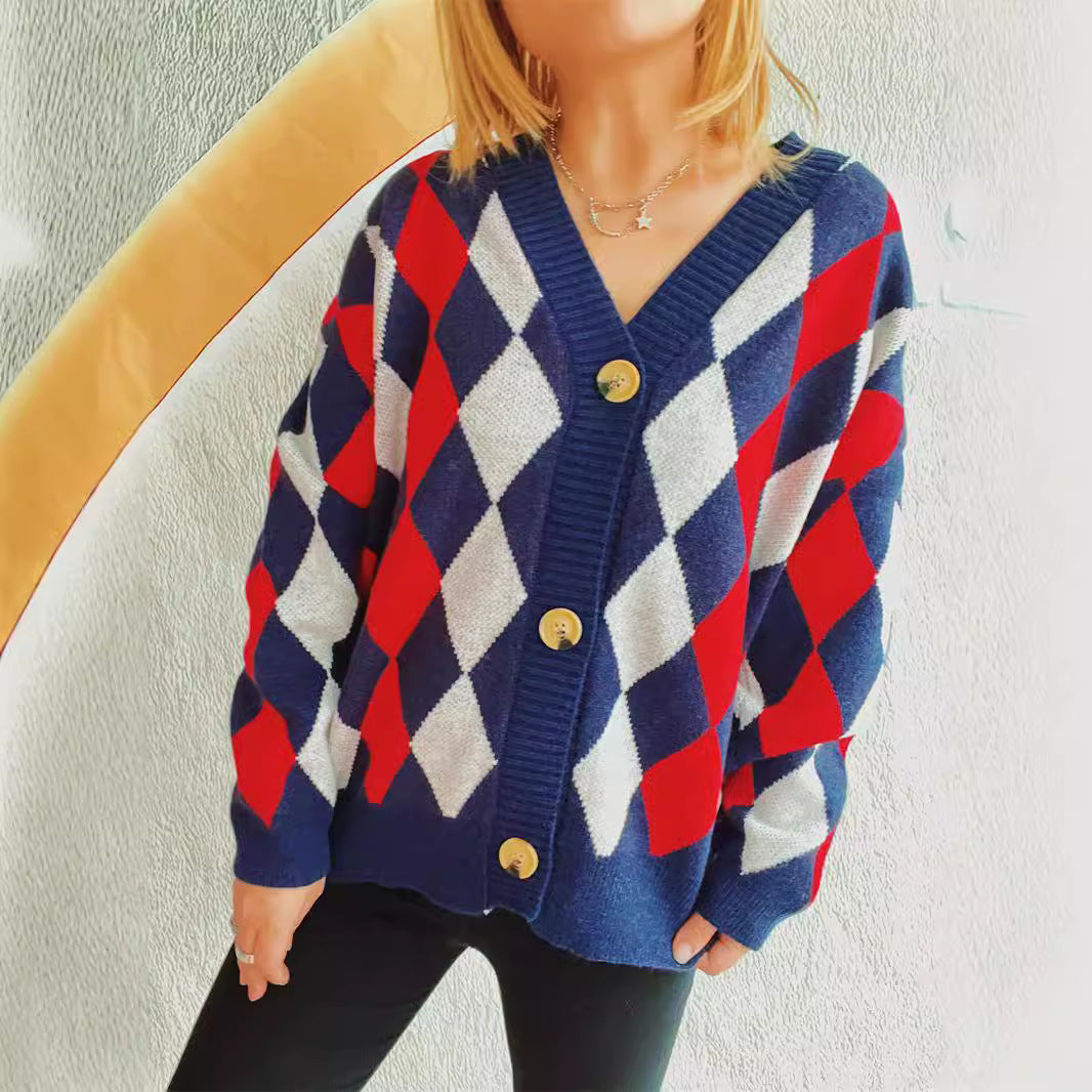 Damen lässige Strickjacke im Rauten-Muster mit goldenen Knöpfen Fudus