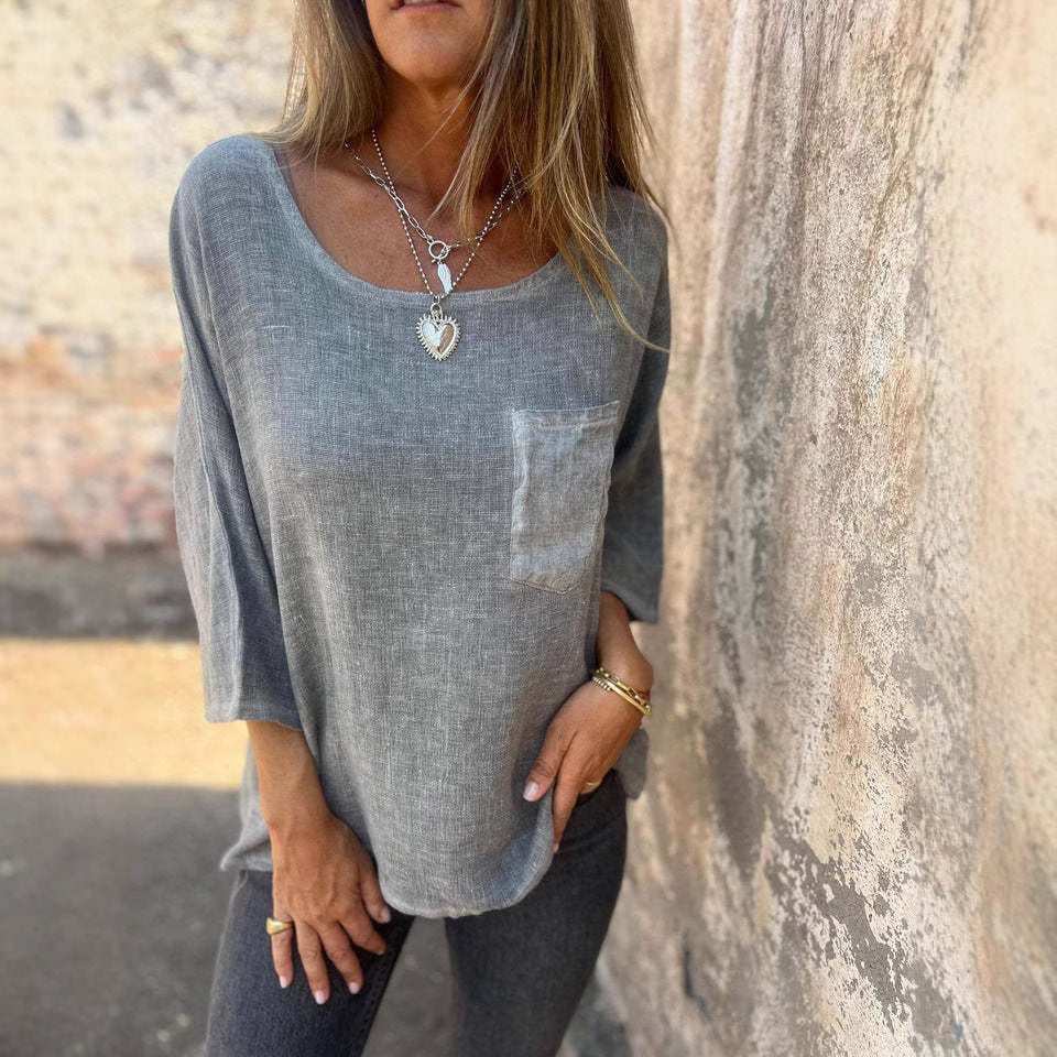 Damen lässige Leinenbluse mit aufgesetzter Tasche Fudus