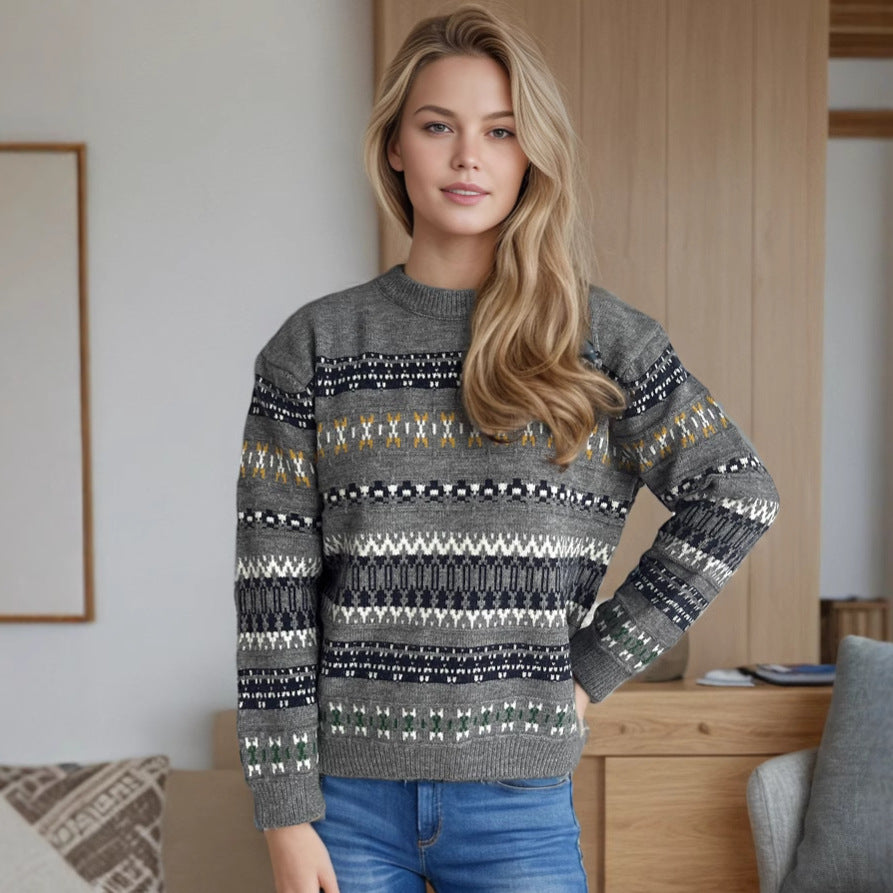 Damen Kuscheliger Strickpullover mit folkloristischem Muster und hohem Kragen Fudus