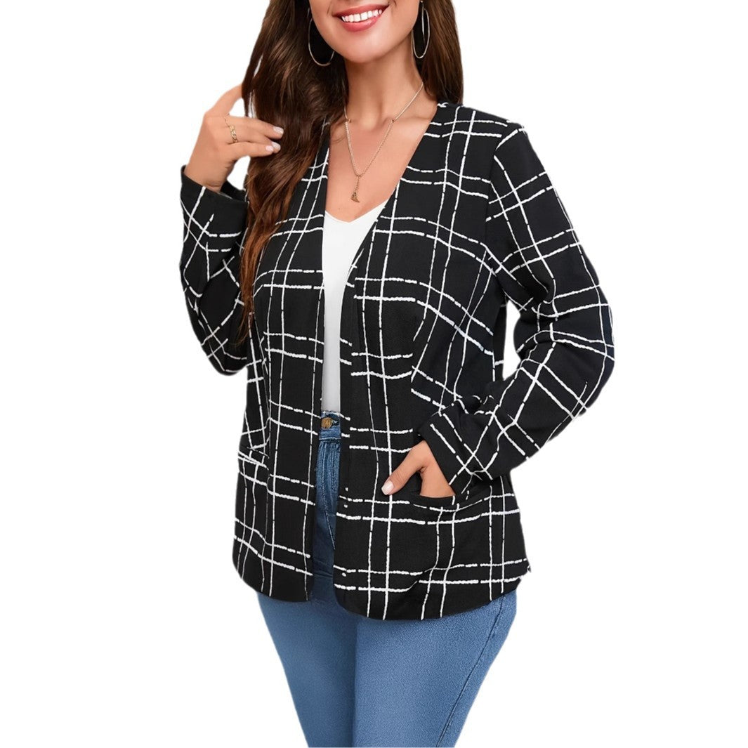 Damen lässige Blazerjacke mit Karo-Muster und Taschen Fudus