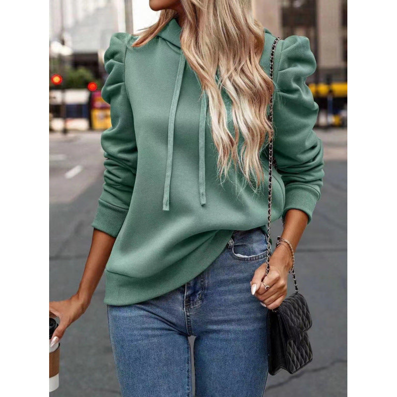 Damen modischer Kapuzenpullover mit Puffärmeln und praktischen Taschen Fudus