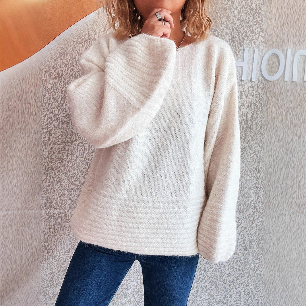 Damen kuscheliger Strickpullover mit weitem Schnitt und modischen Baumelärmeln Fudus