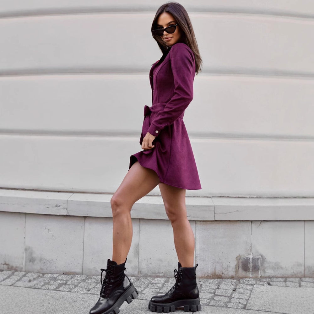 Damen Hemdblusenkleid aus sanftem Wildlederimitat mit eleganter Taillierung Fudus