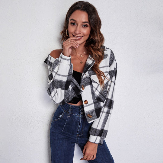 Damen Karierte Fleecejacke mit Knopfverschluss und praktischen Taschen Fudus