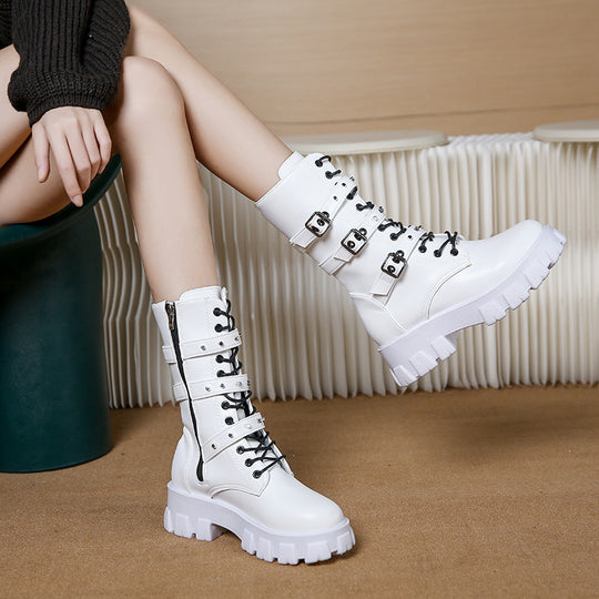 Damen High-Top Schnürstiefel mit Verstellbaren Riemen und Griffiger Sohle