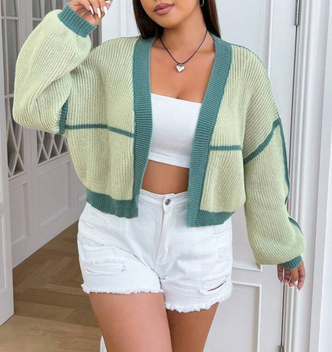 Damen Grobstrick Cardigan mit lässigem Schnitt und auffälligen Kontraststreifen Fudus