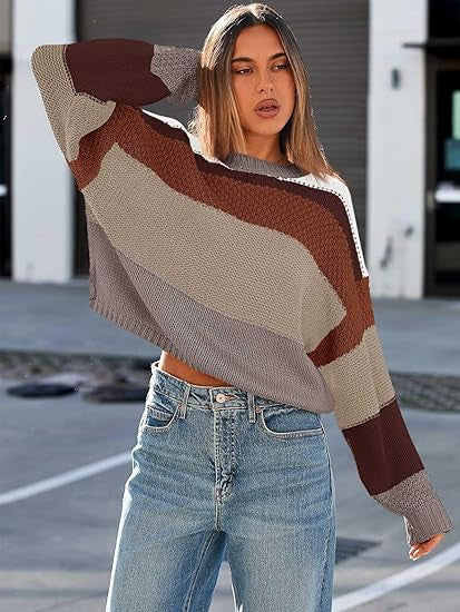 Damen kuscheliger Strickpullover mit modernem Farbblock-Design Fudus