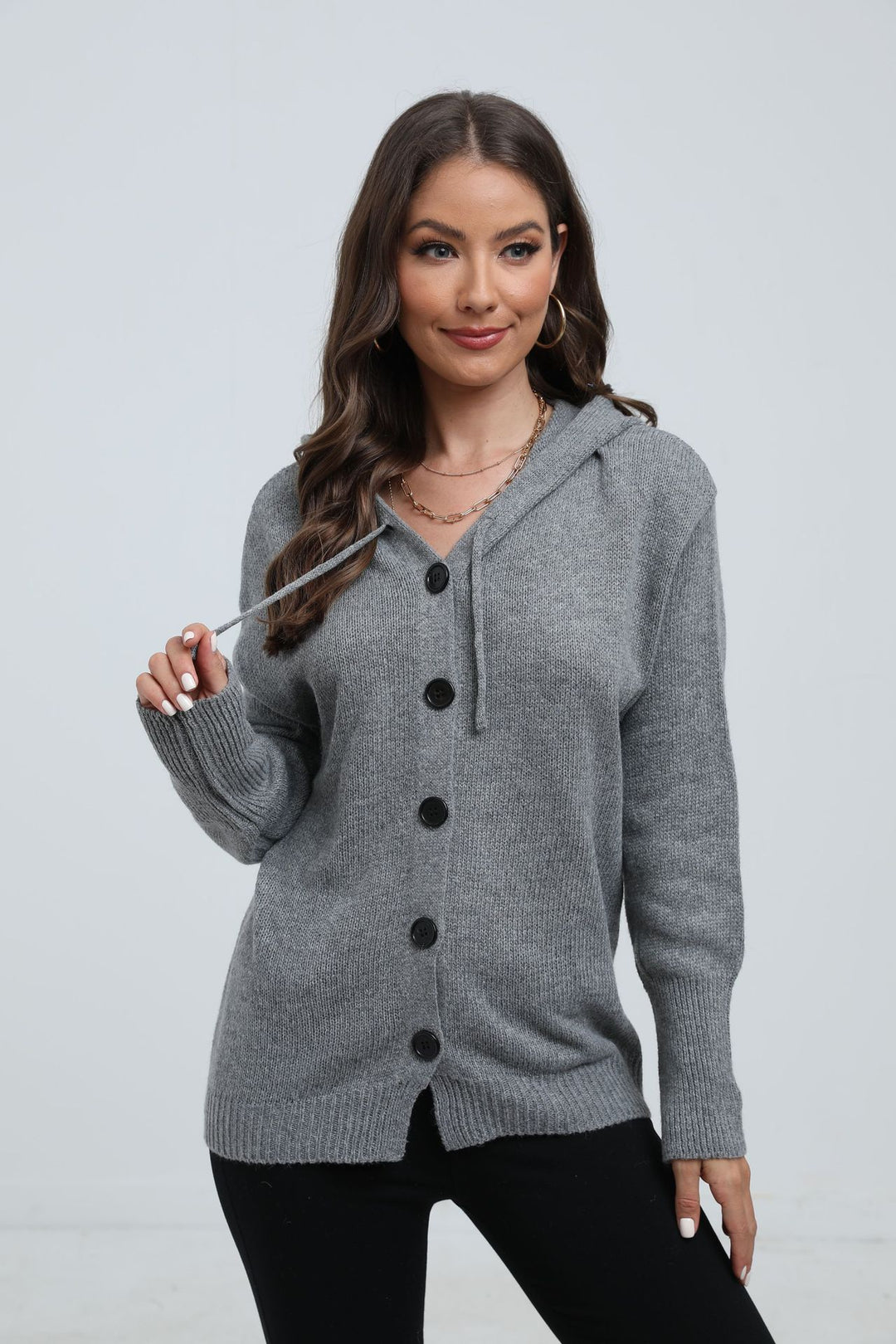 Damen Kapuzenstrickjacke mit Knopfverschluss und breitem Rippmuster Fudus