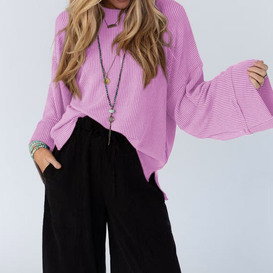 Damen kuscheliger Strickpullover mit weiten Ärmeln und Rippstruktur Fudus