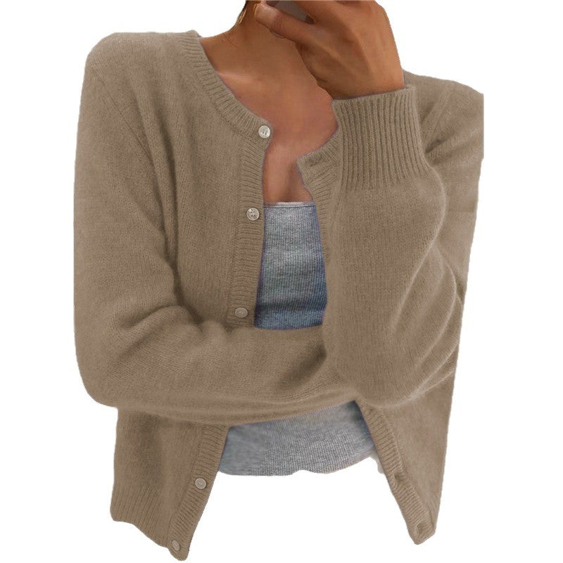 Damen kuschelige Strickjacke mit Rundhalsausschnitt und dekorativen Knöpfen Fudus