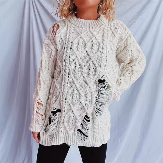 Damen Grobstrickpullover mit einzigartigem Zopfmuster und ausgefransten Details Fudus