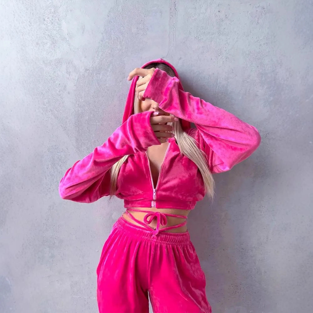 Damen kuscheliges Velours-Set mit Kapuzenoberteil Fudus
