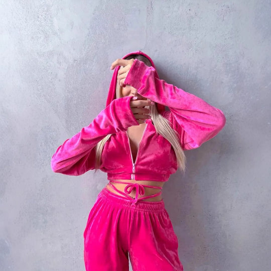 Damen kuscheliges Velours-Set mit Kapuzenoberteil Fudus