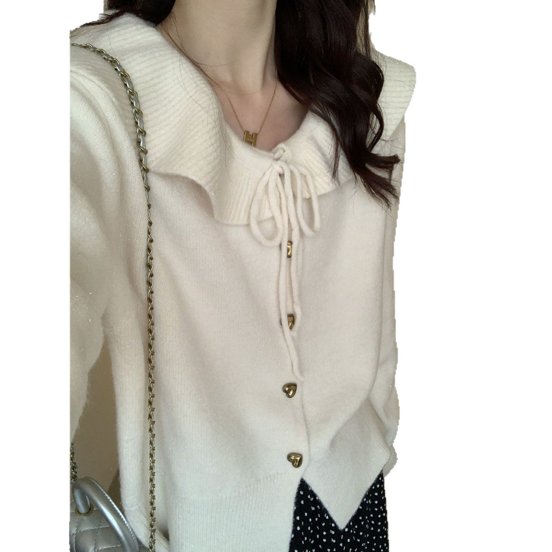 Damen kuscheliger Strickpullover mit übergroßem Kragen und Herzknöpfen Fudus