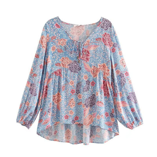 Damen Langarmbluse mit floralem Muster und Raffung Fudus