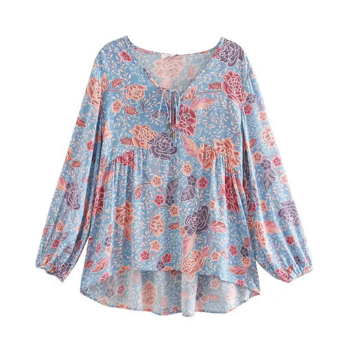 Damen Langarmbluse mit floralem Muster und Raffung Fudus