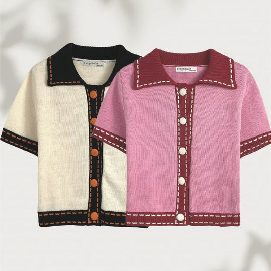 Damen Kurzarmpullover mit kontrastierenden Details Fudus