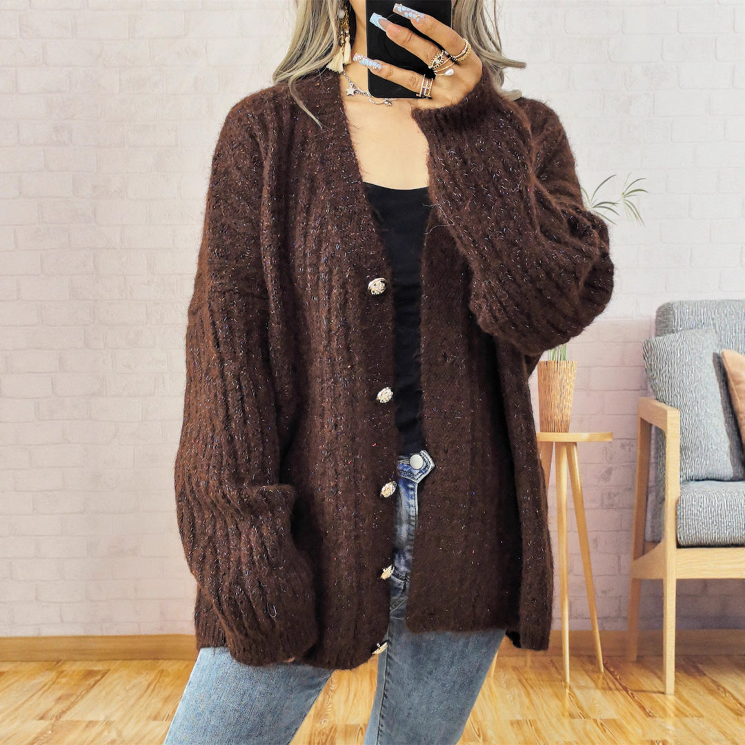 Damen Grobstrickjacke mit modischen Knöpfen und lässigem Schnitt Fudus