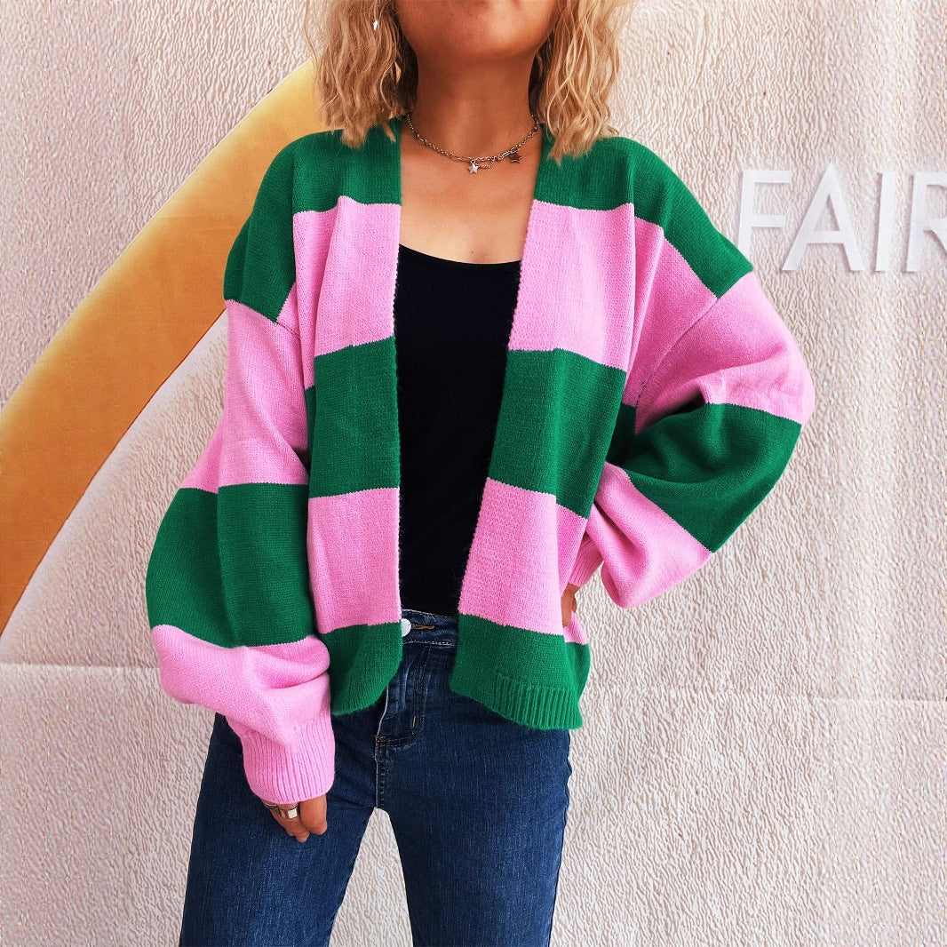 Damen lässige Strickjacke mit breitem Streifenmuster und extra weitem Schnitt Fudus